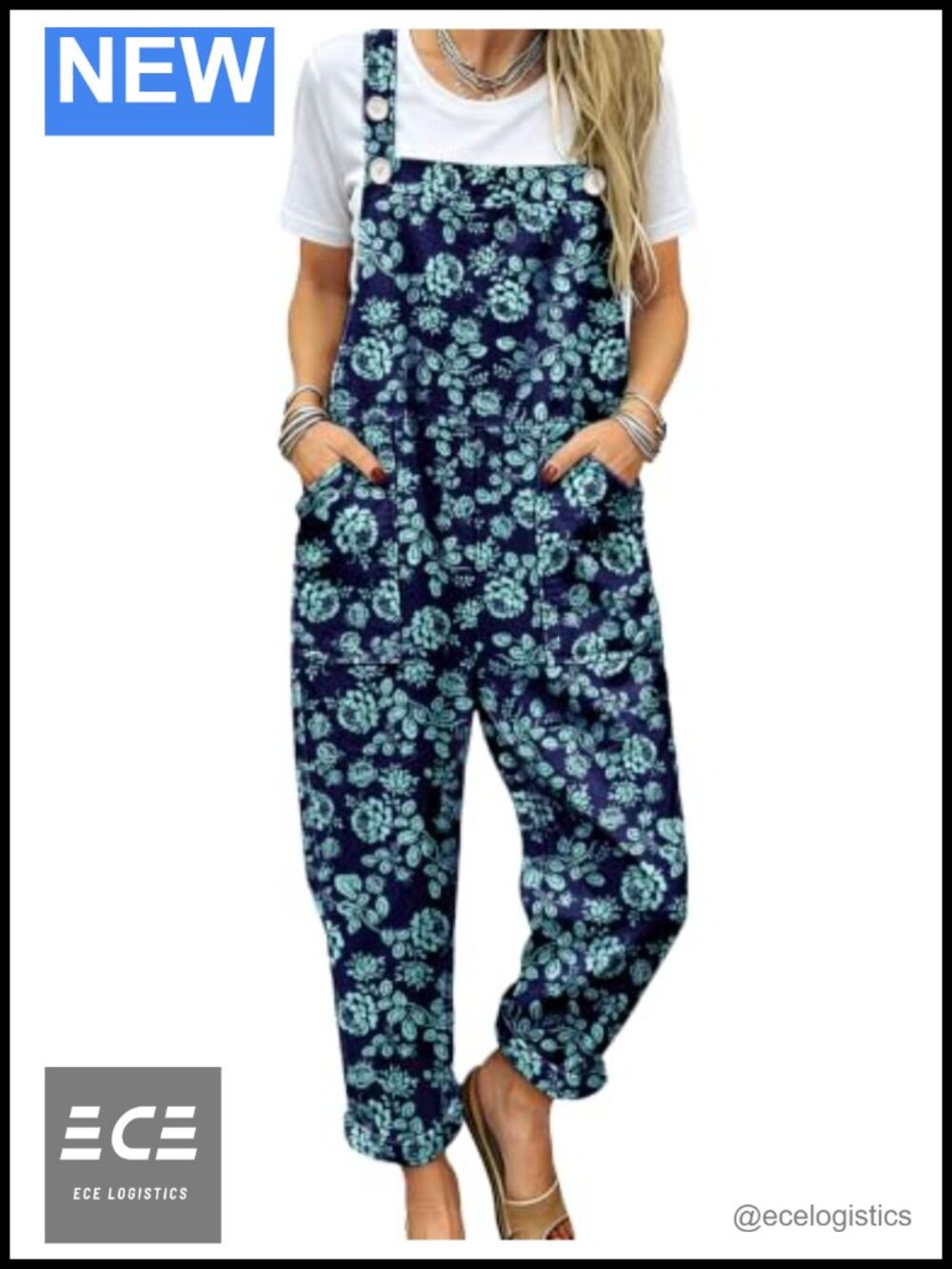YESNO 100% Cotton Floral Bib Overalls Baggy Adjustable Strap Romper Pockets